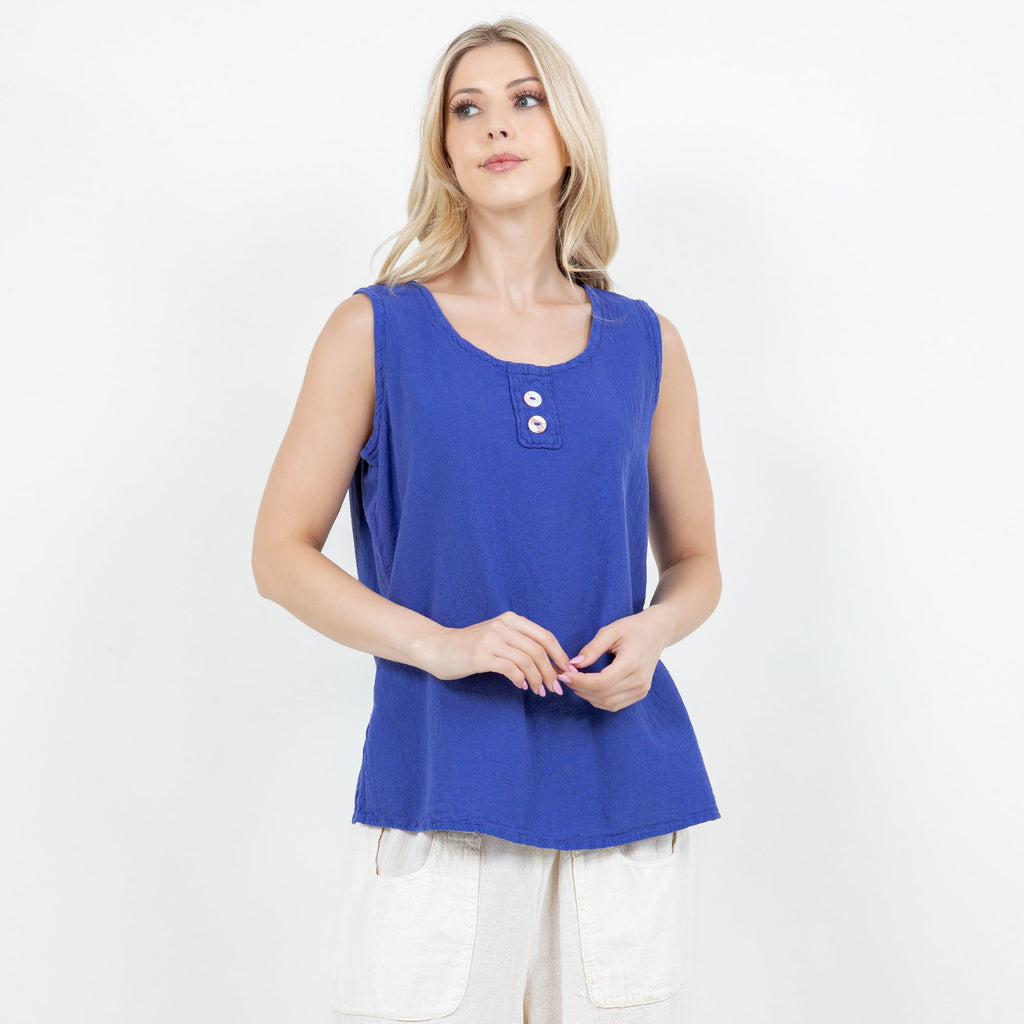 Women's cotton gauze sleeveless top in deep blue with round neckline and button front
