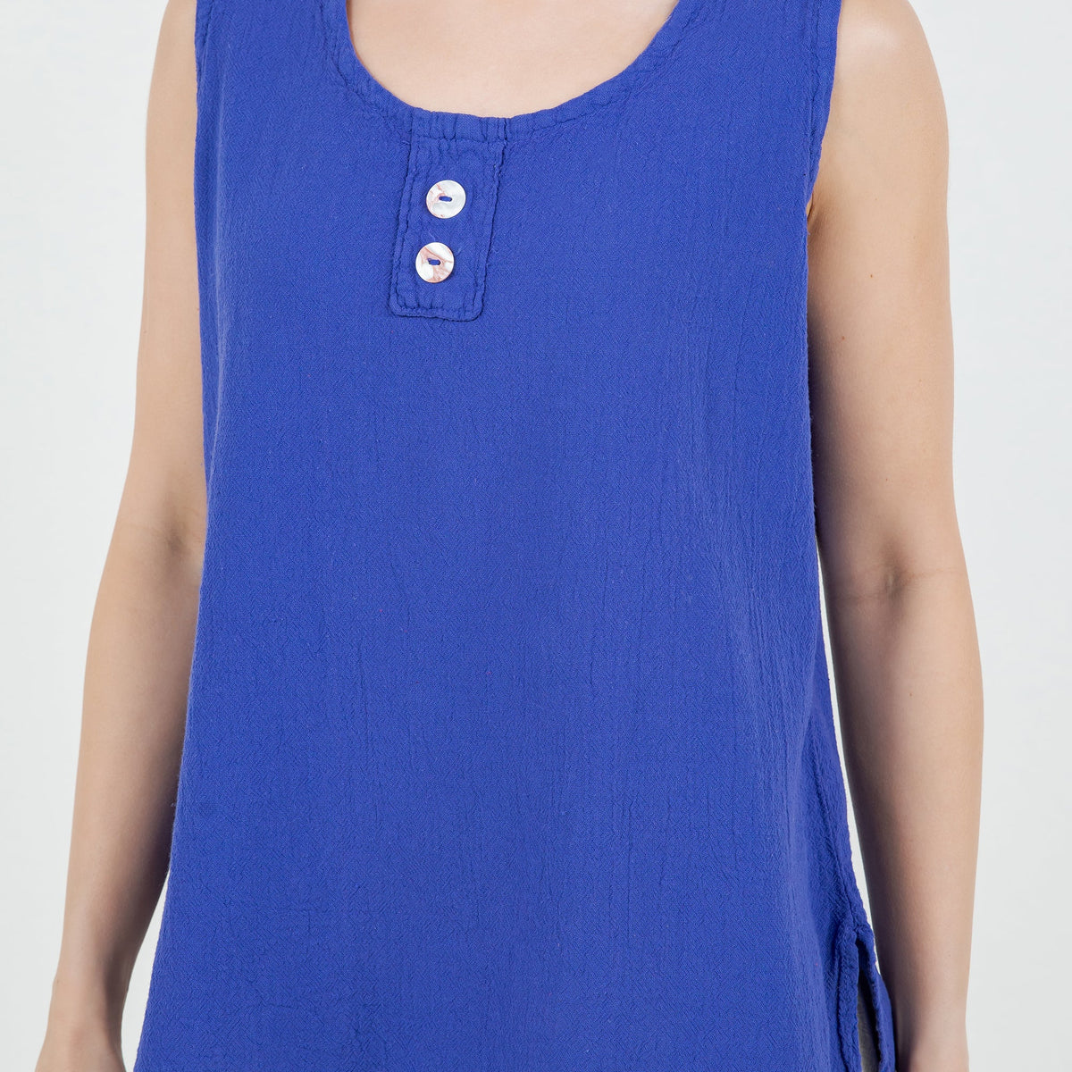 Women's cotton gauze sleeveless top in deep blue, round neck with 2-button placket