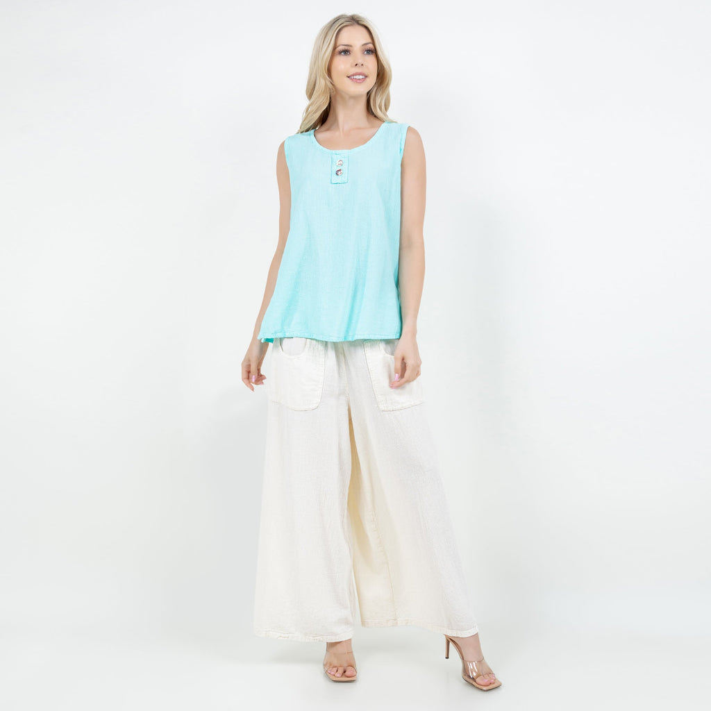 Turquoise sleeveless cotton gauze top with scoop neck and front button placket