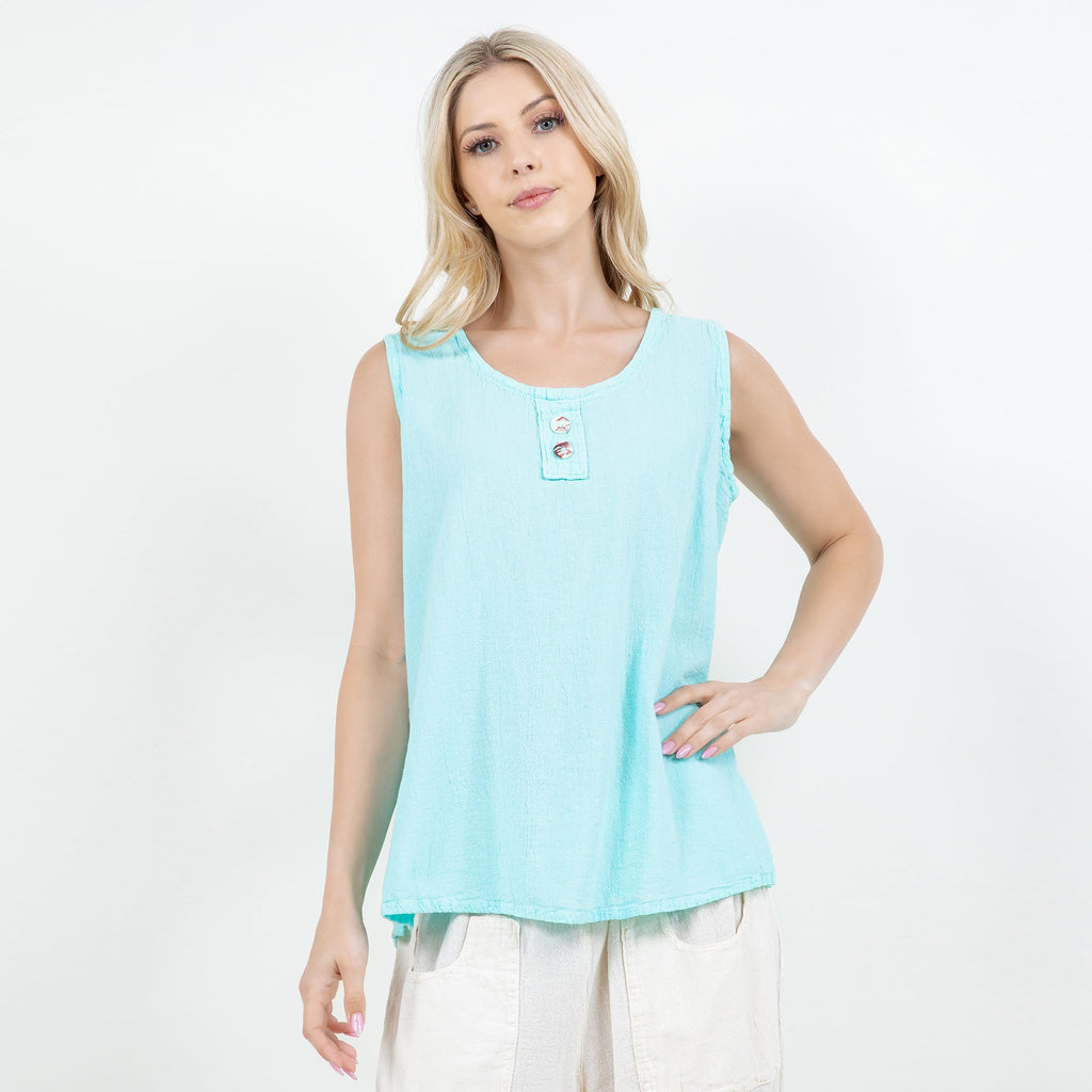 Turquoise sleeveless cotton gauze top with scoop neck and button placket