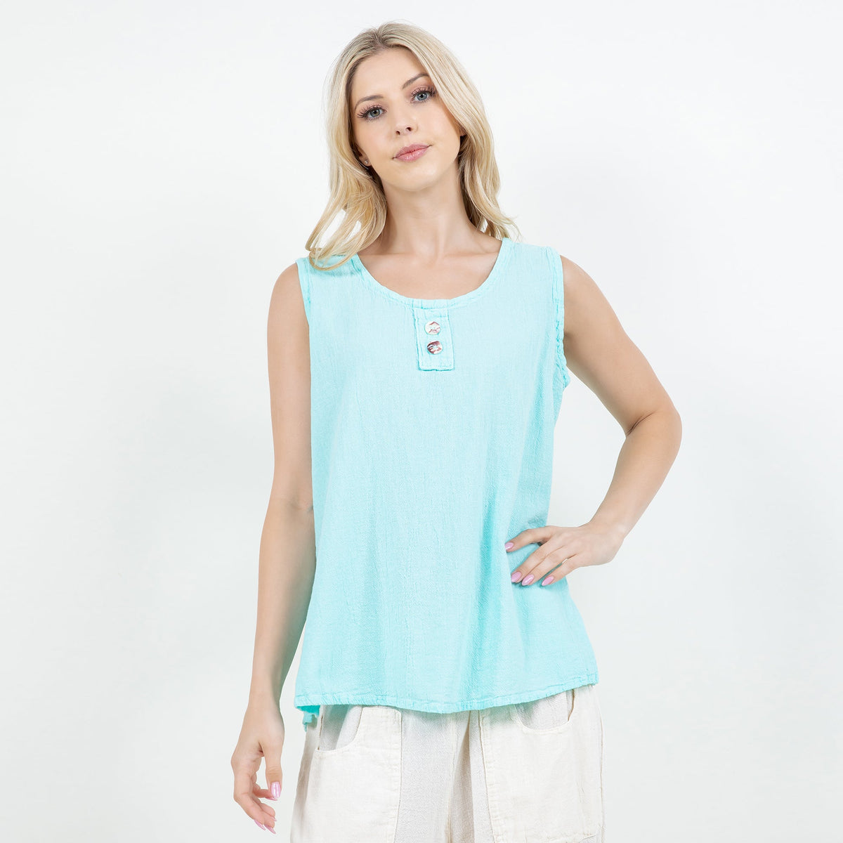 Turquoise sleeveless cotton gauze top with scoop neck and button placket