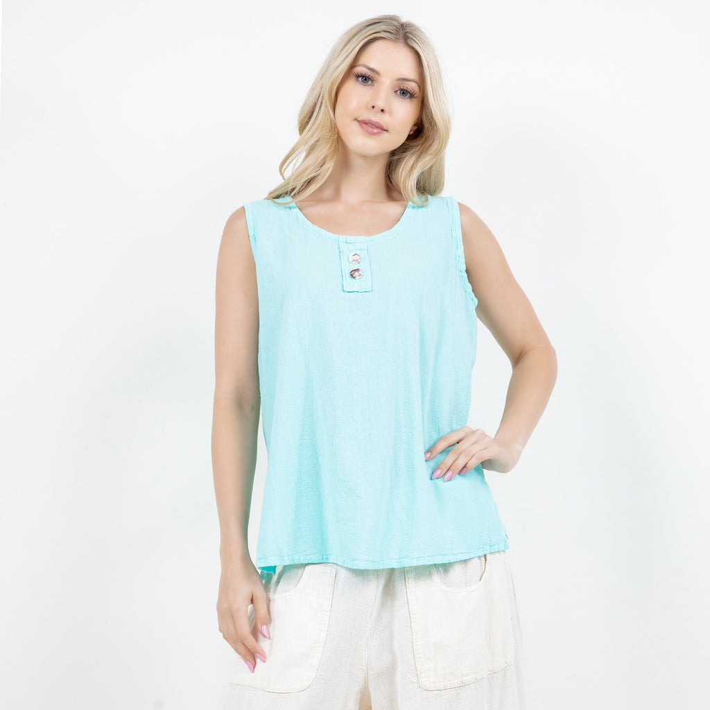 Turquoise sleeveless cotton gauze top with scoop neck and small button placket