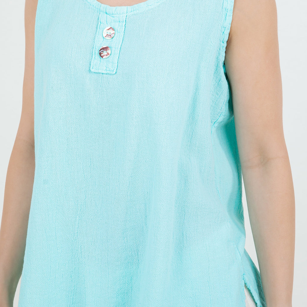 Turquoise cotton gauze Anne top front with button placket, sleeveless