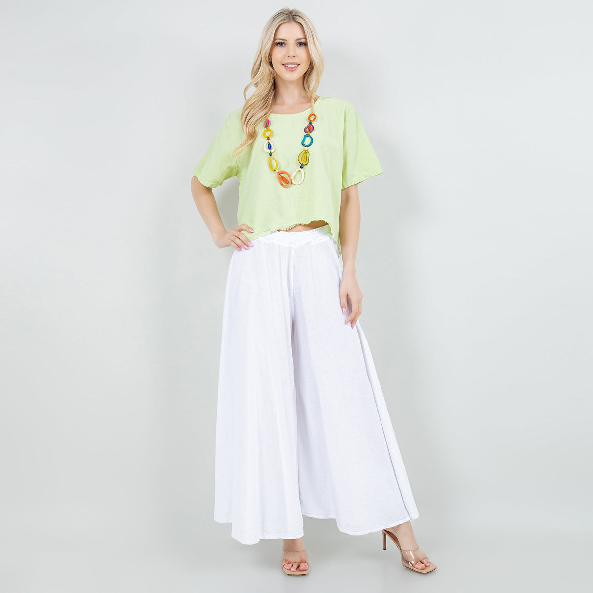 White cotton gauze Blanche pants with elastic waistband and wide-leg drape