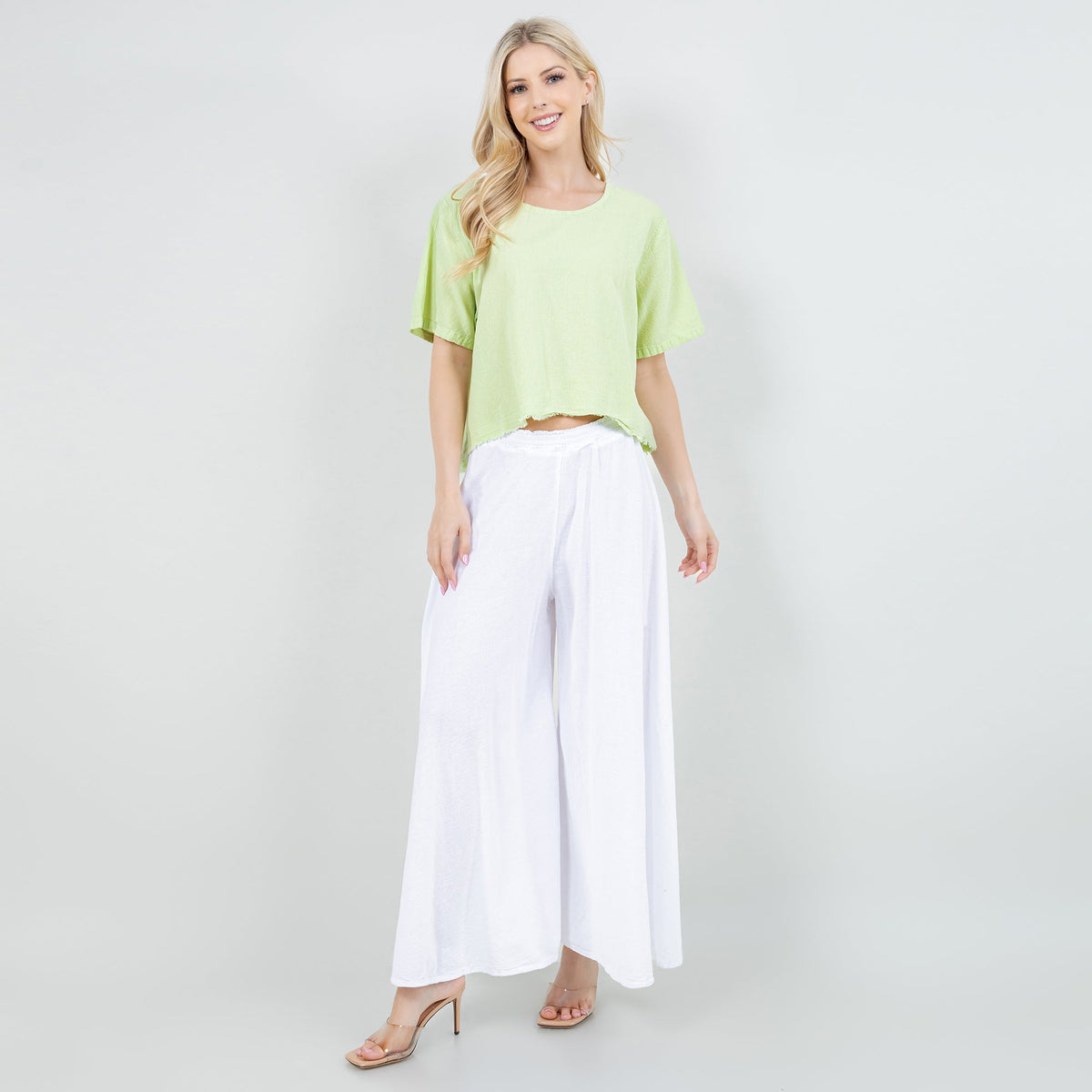 Women's gauze Heidi top, lime green, short sleeves and cropped raw hem