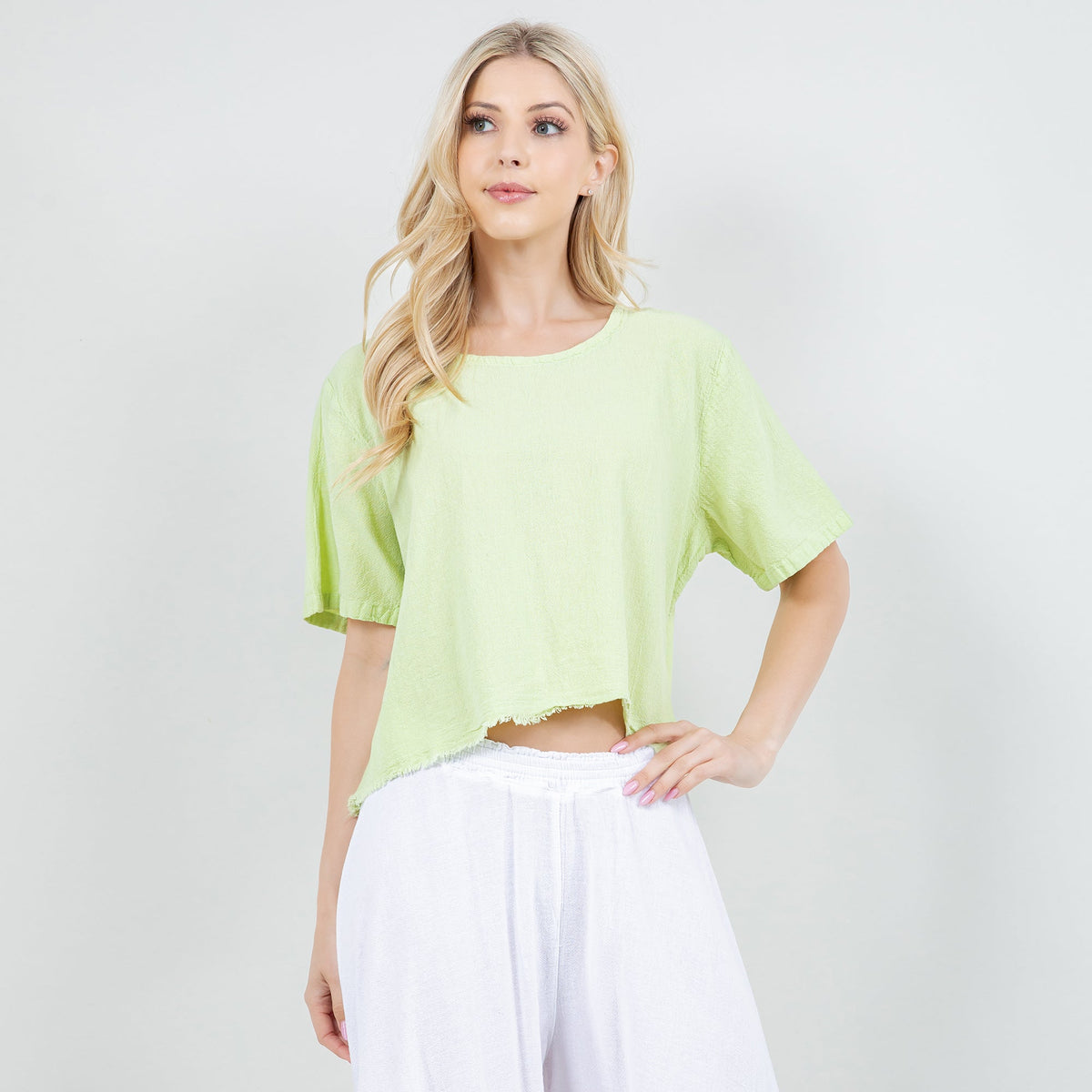Women's gauze Heidi top, lime green, cropped hem, crew neckline