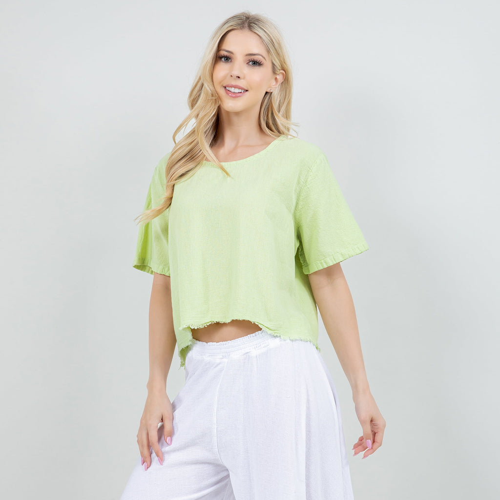 Lime green cotton gauze Heidi top, cropped crew neck with short sleeves and raw hem