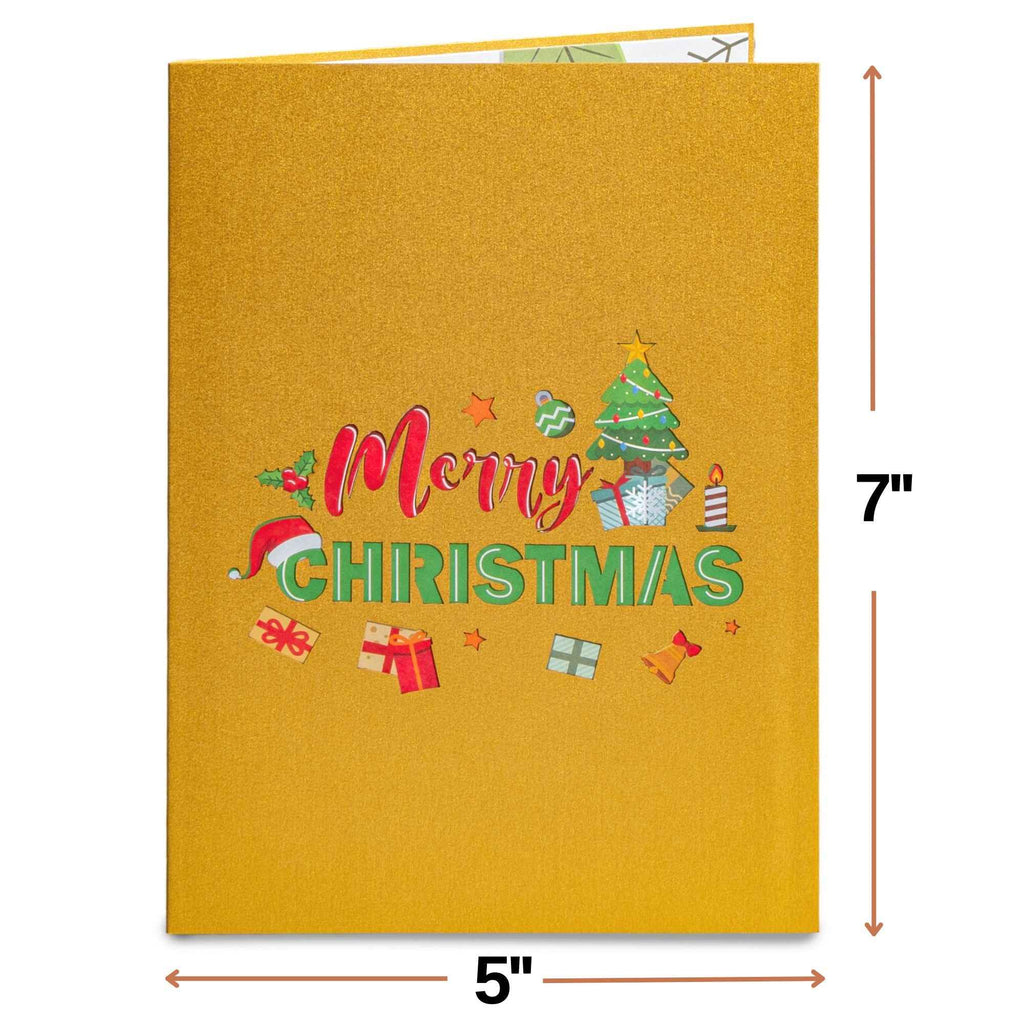 Gold Merry Christmas pop-up card, 5 by 7 in, with tree and gift icons