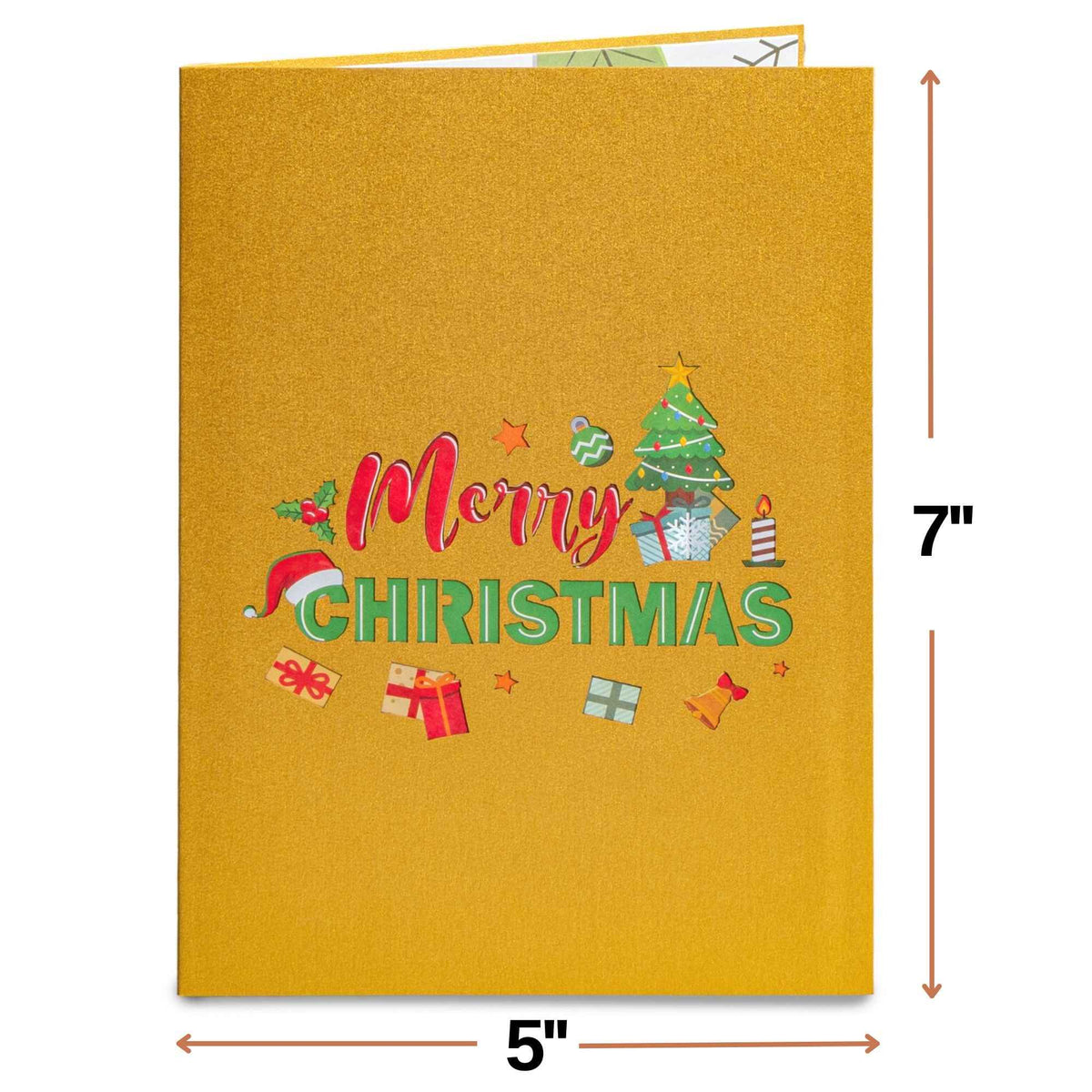 Gold Merry Christmas pop-up card, 5 by 7 in, with tree and gift icons