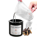 Refillable soy candle jar with wax being poured from a pouch and firewood pieces
