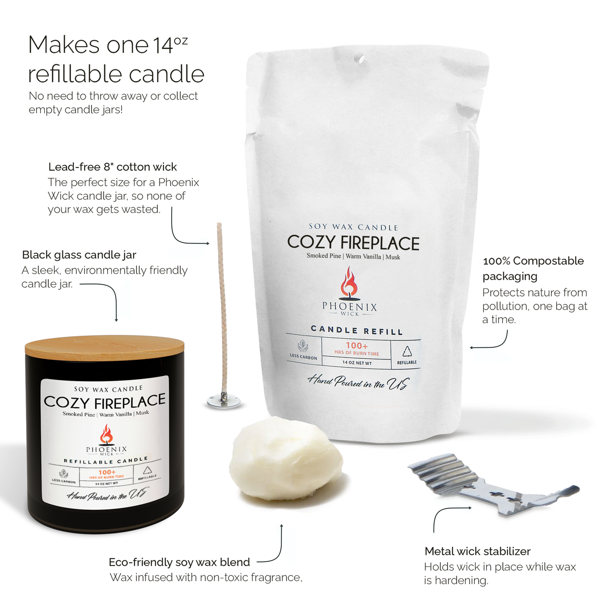 Cozy Fireplace candle refill kit: pouch, black glass jar, wax piece, wick stabilizers
