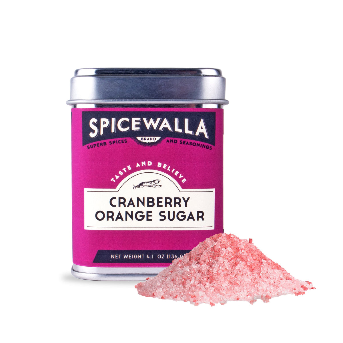 Cranberry Orange Sugar spice jar with pink label, silver lid, and sugar crystals mound