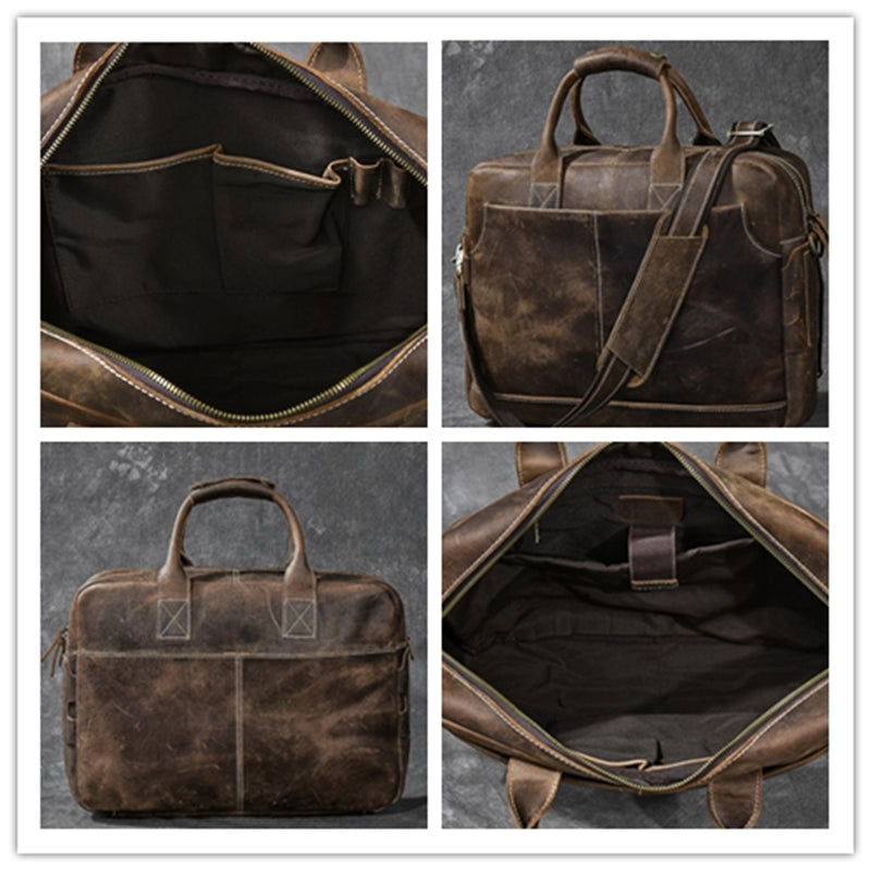 Vintage brown leather briefcase collage: zipper pocket, side view, and interior lining
