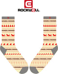 Christmas crew socks with red tree and reindeer sweater pattern, white base, gray heel and toe