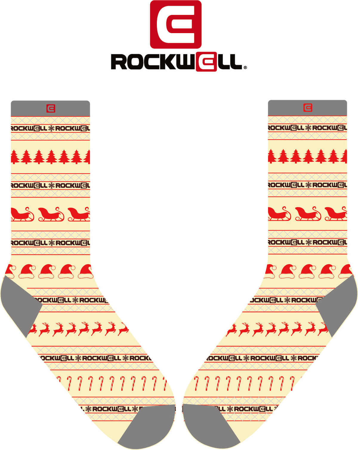 Christmas crew socks with red tree and reindeer sweater pattern, white base, gray heel and toe