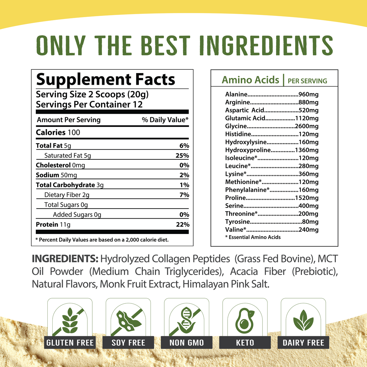 Supplement Facts and ingredients for collagen creamer, showing amino acids per serving