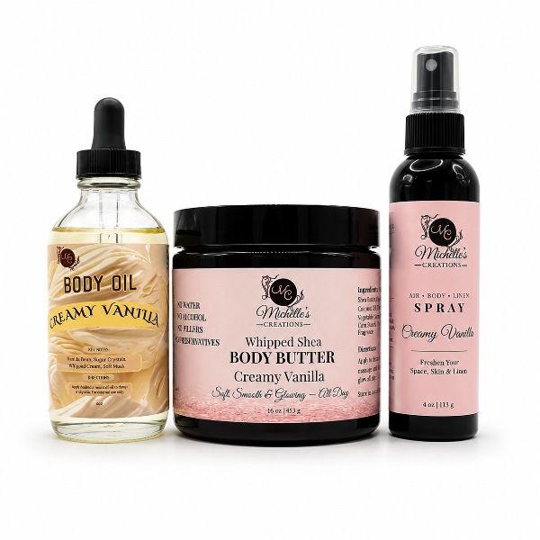 Body care gift set with body oil, whipped shea butter, and air spray—Creamy Vanilla