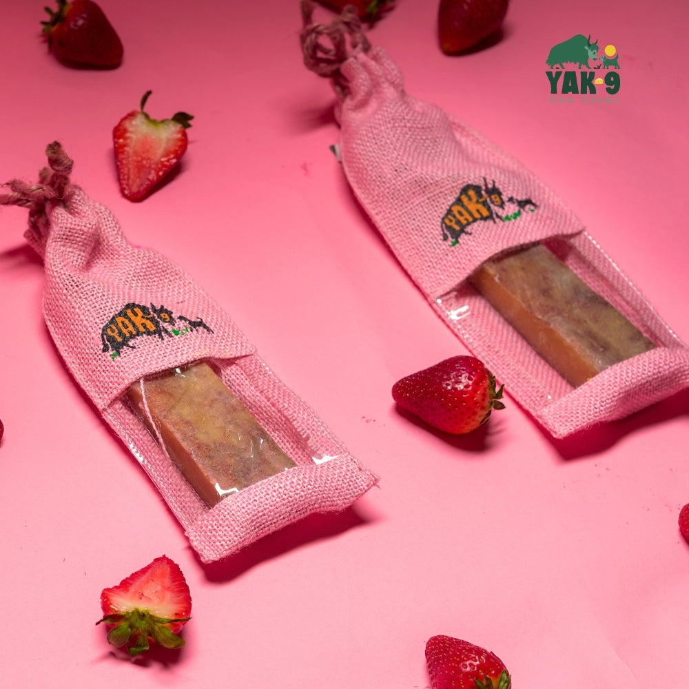 Two YAK 9 strawberry cheese chew pouches with visible chews and strawberries