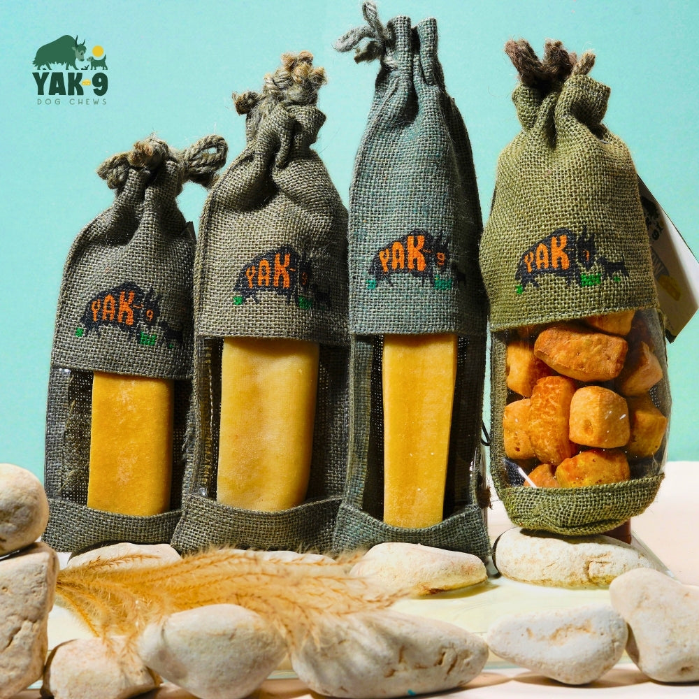 Yak and cow milk chew sticks in burlap bags with yellow chew pieces