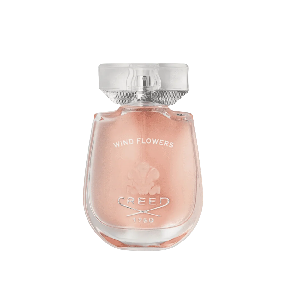 Perfume bottle with pink glass, 'WIND FLOWERS' and 'CREED' text, floral emboss