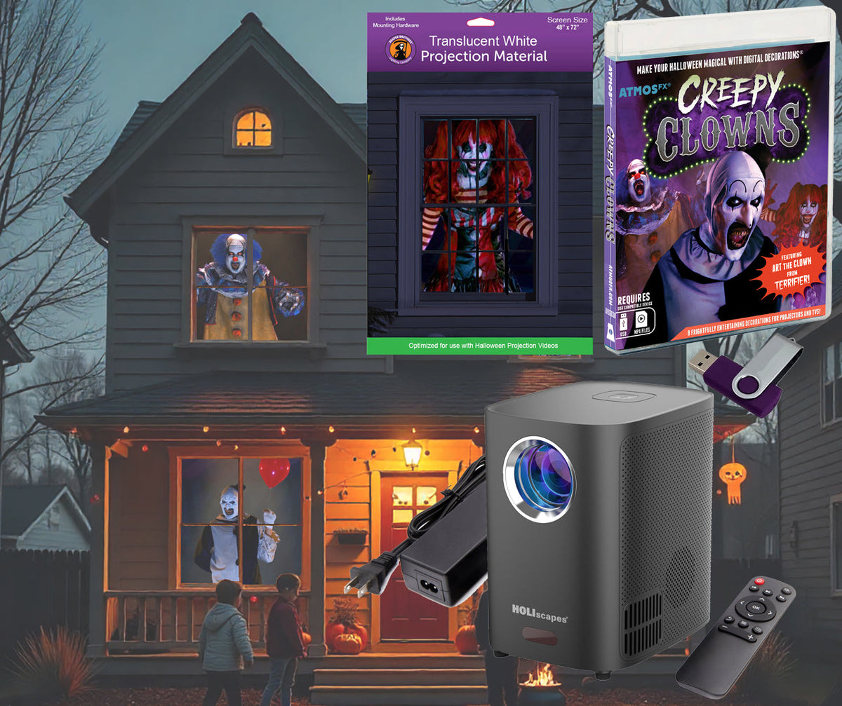 Projector kit with black USB projector, projection screen, and Creepy Clowns packaging box