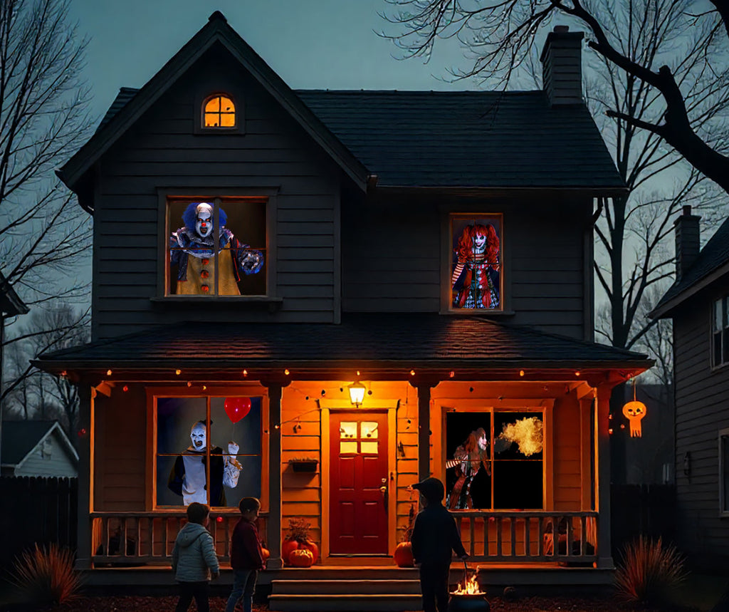 House facade with doorway projections of clown images displayed on the front