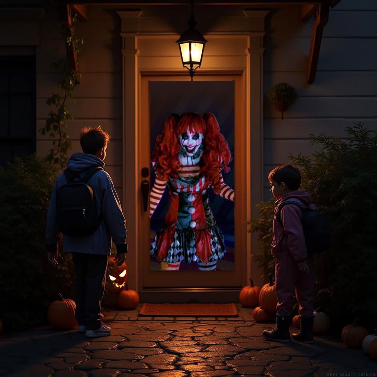 Front porch projection of a clown image displayed on a door with trick-or-treaters in view