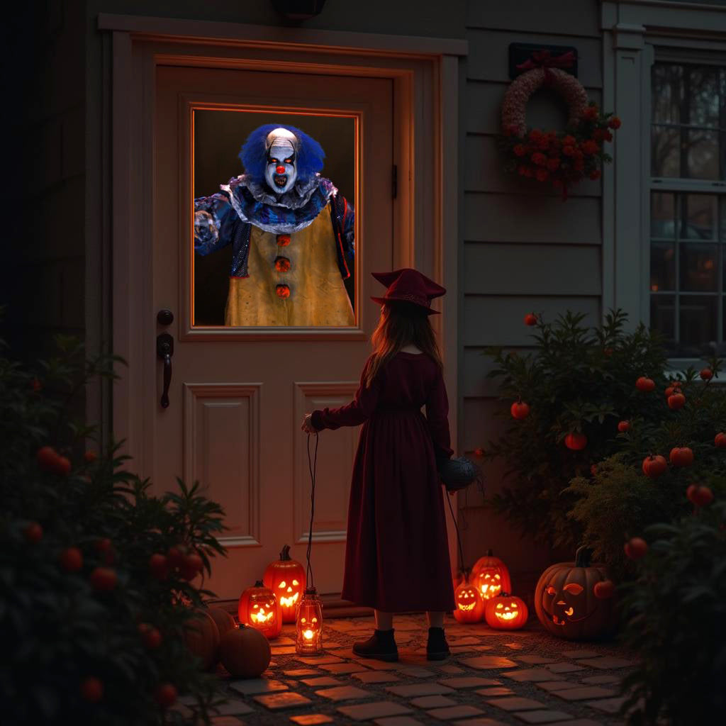Outdoor door projection showing a colorful clown figure, with Halloween decorations around