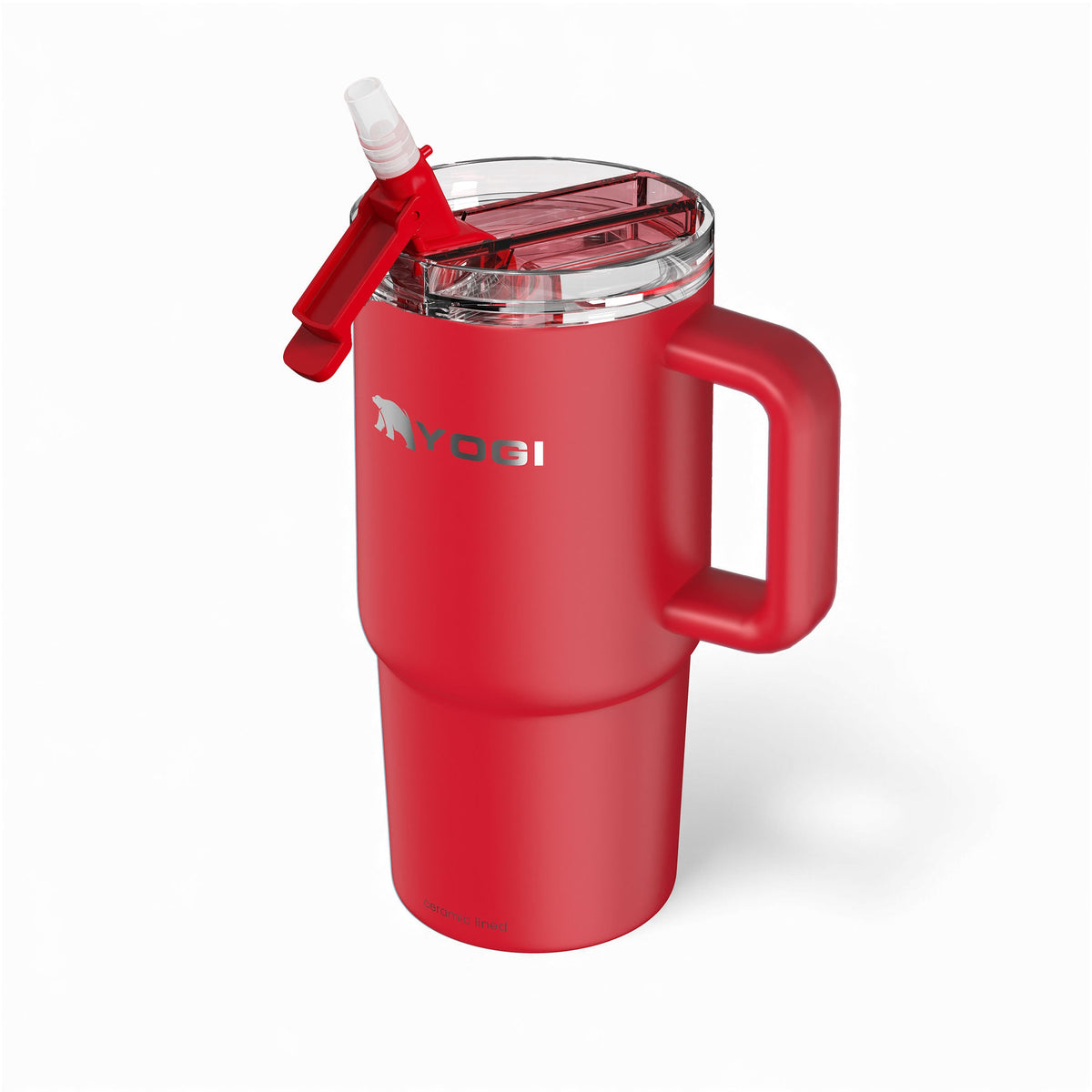 Red ceramic-lined evolution tumbler with flip straw lid and side handle.