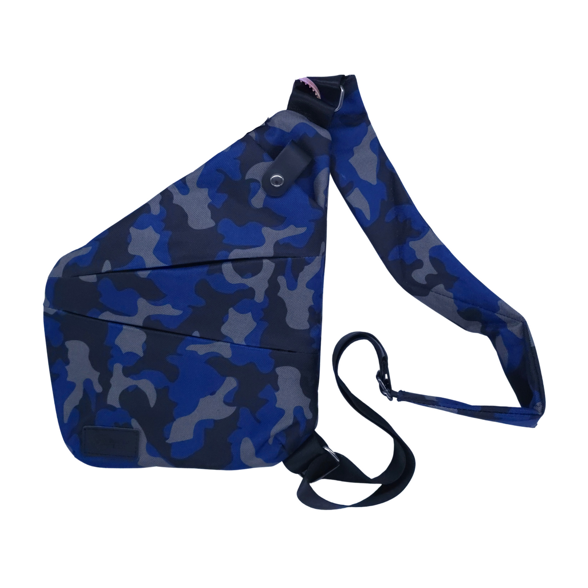 Smell proof crossbody bag in blue camo with adjustable shoulder strap