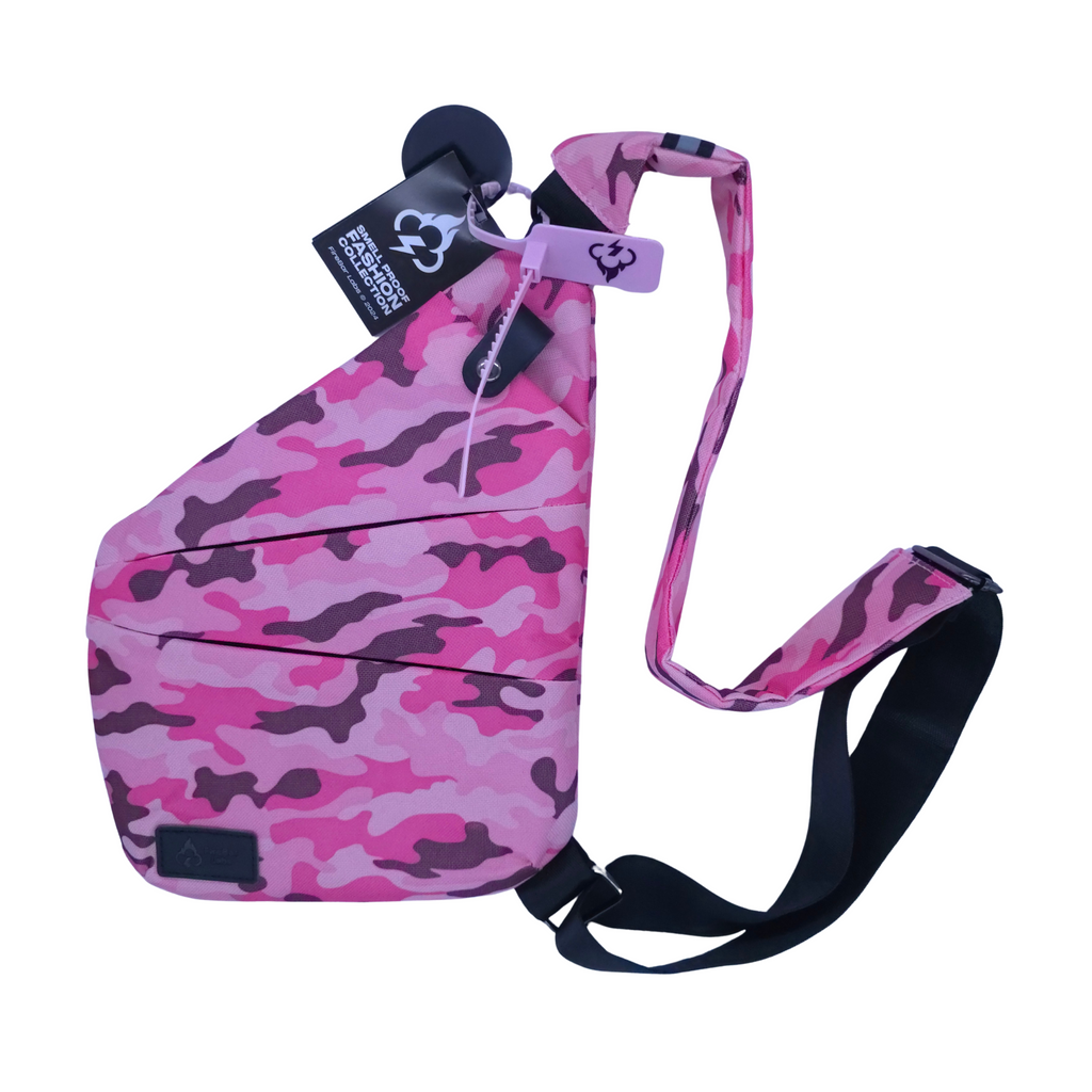 Pink camo smell-proof crossbody bag with black strap and black front lock flap
