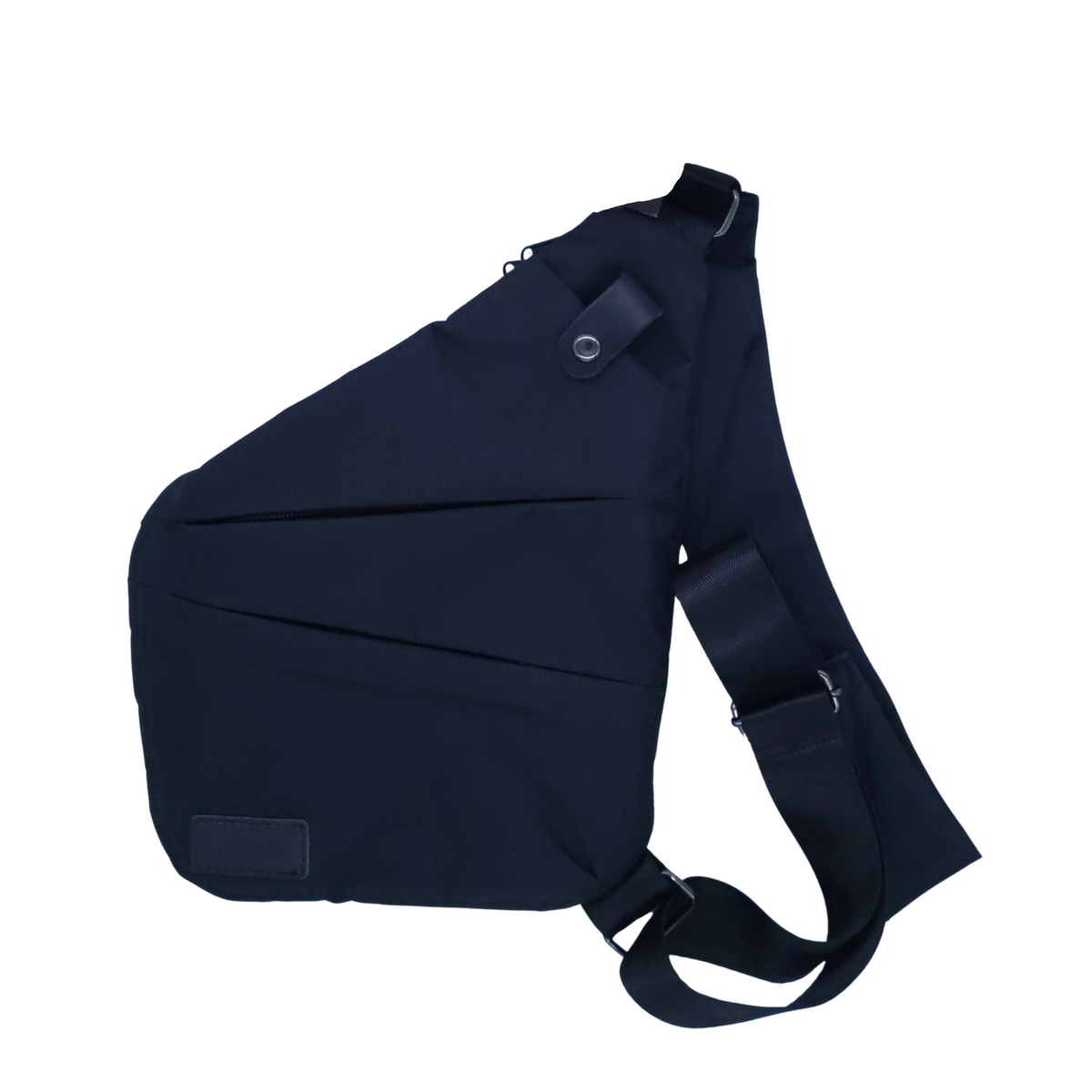 Navy blue crossbody bag with front flap, small rectangular label, and adjustable strap.