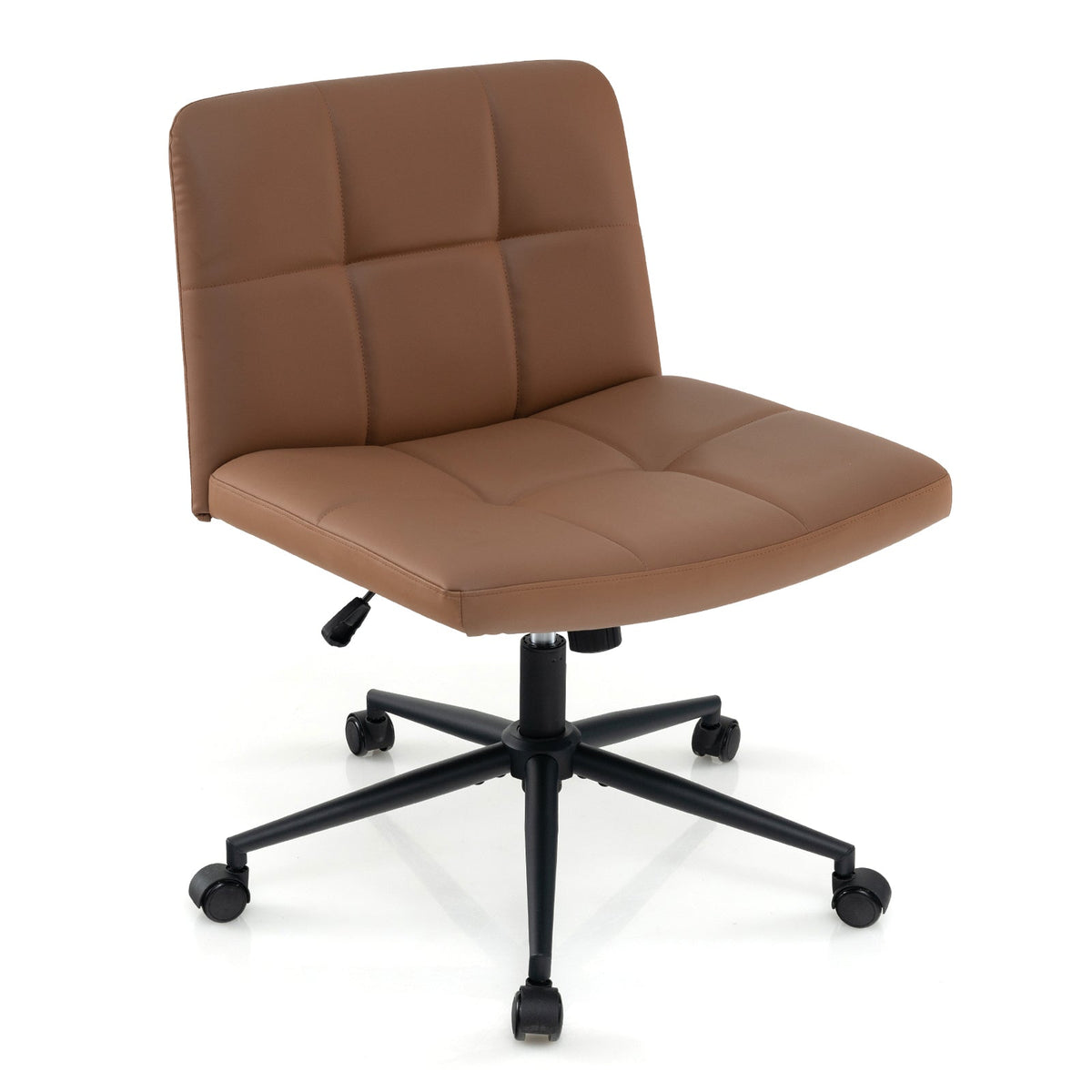 Brown armless desk chair with quilted seat, tall back, black five-star caster base
