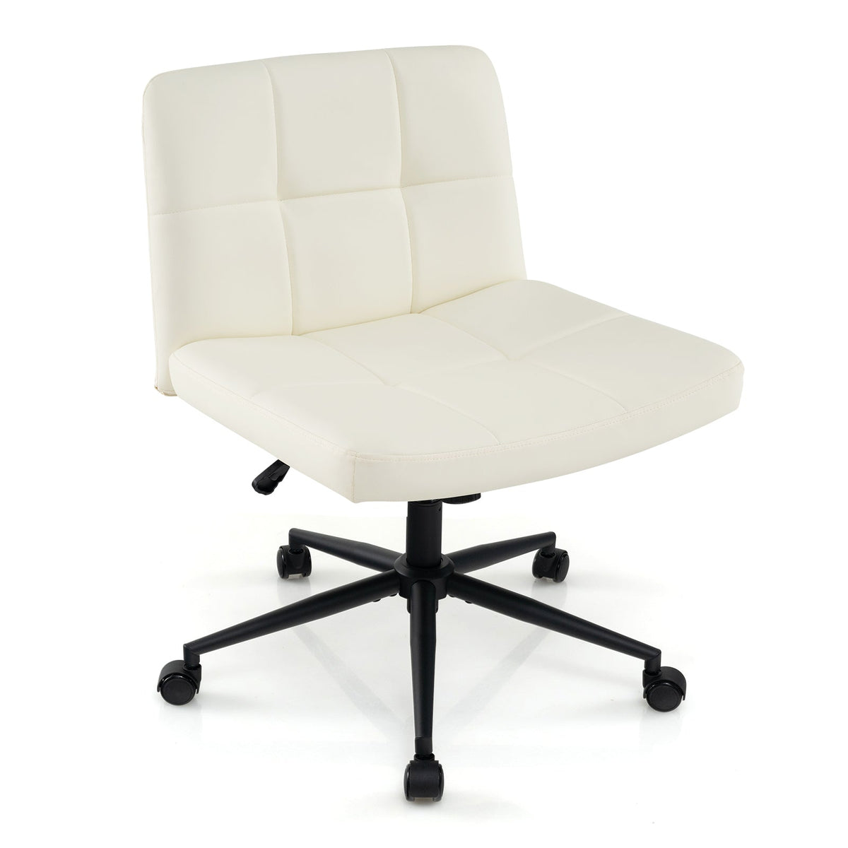 Cream armless desk chair with padded seat and tall back, black five-star base