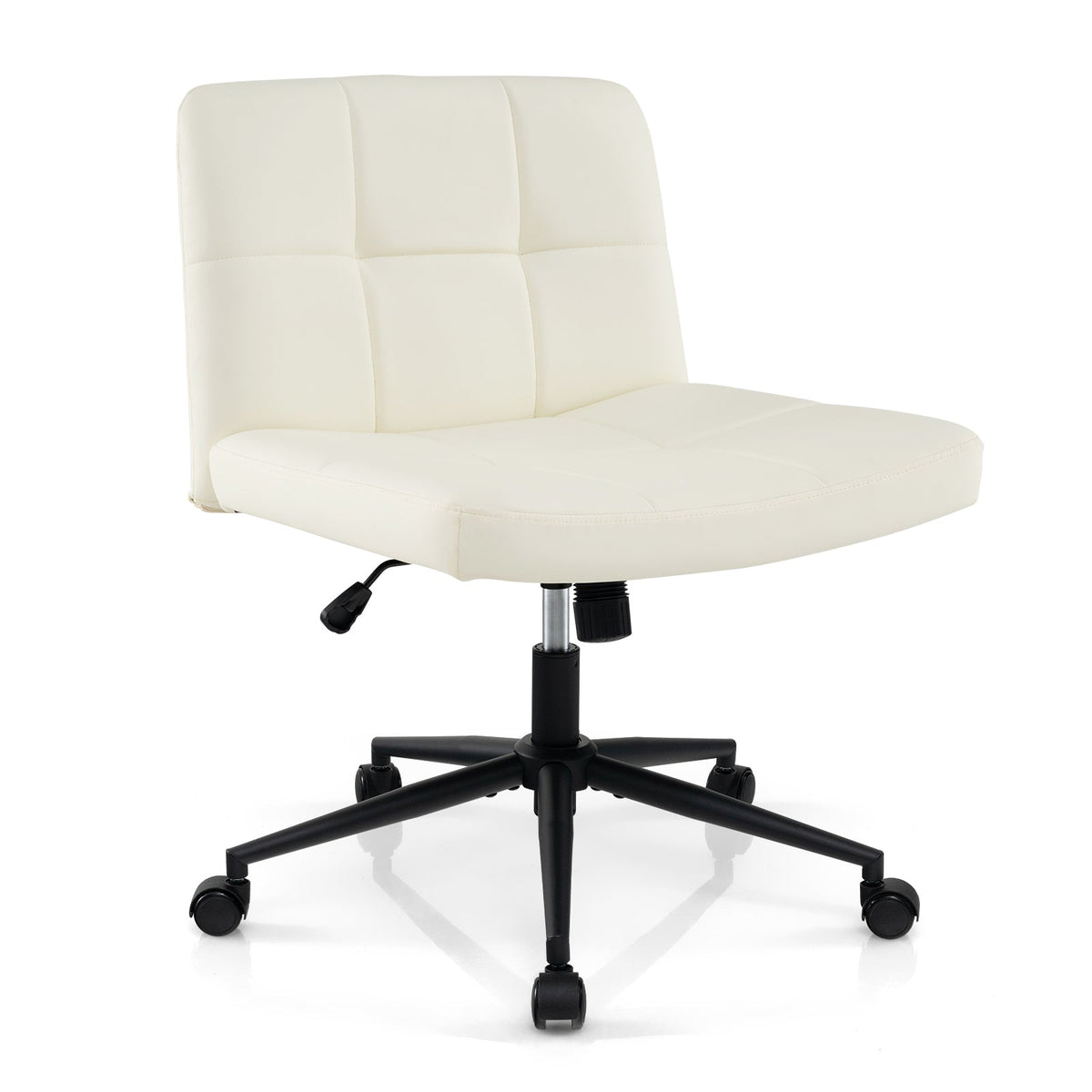 Cream armless chair with quilted backrest, padded seat, black base with casters