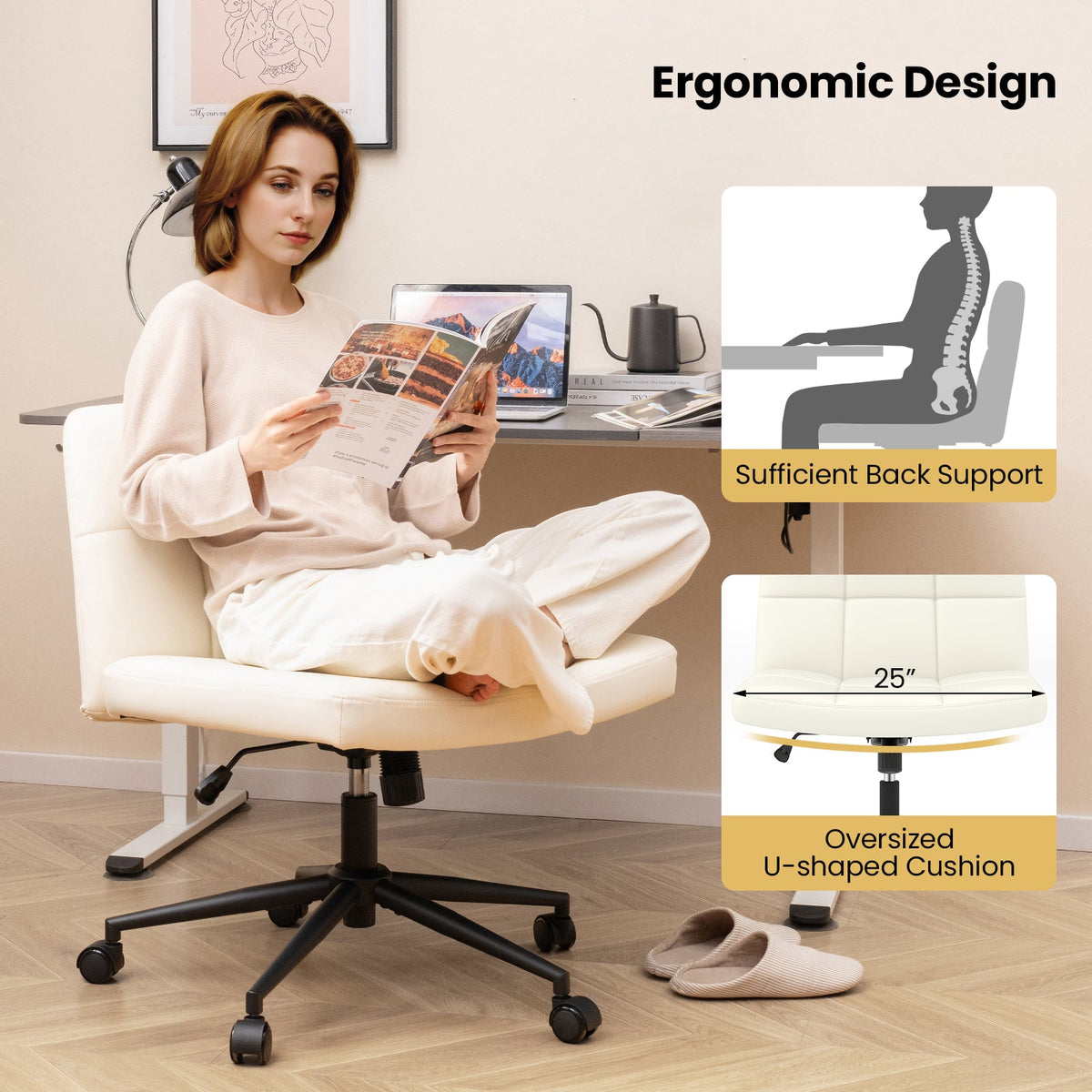 Cream armless office chair with thick oversized cushion and supportive back on casters