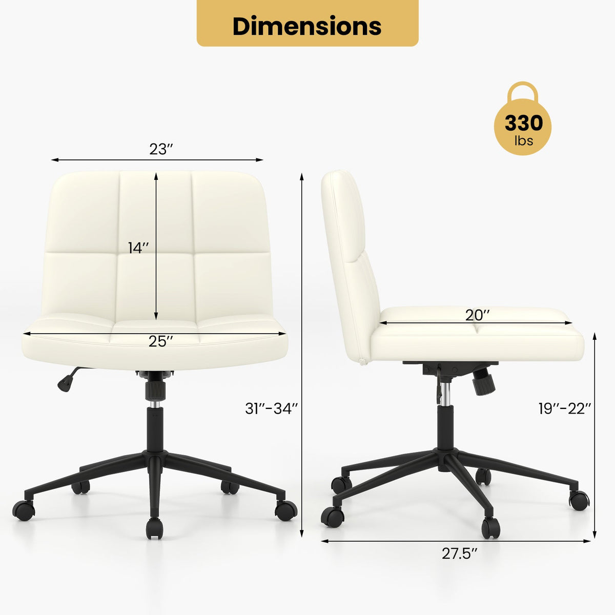 Beige armless desk chair, padded seat and back on height-adjustable black caster base