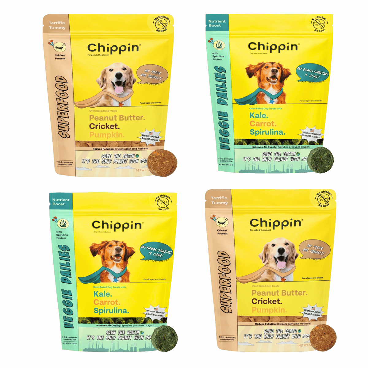4-pack crunchy dog biscuit bundle with four Chippin treat bags, assorted flavors