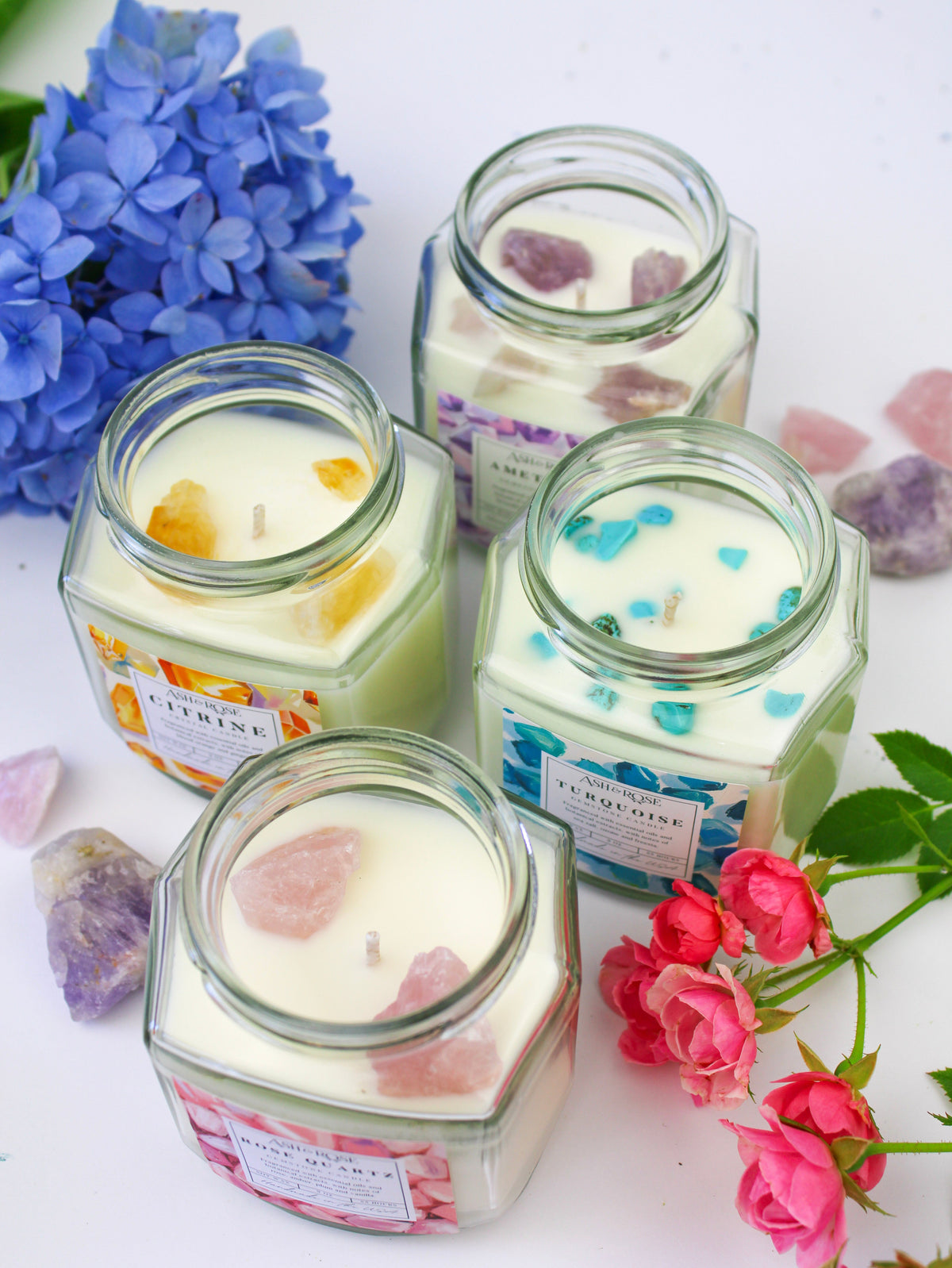 Crystal candle jars with rose quartz, amethyst and turquoise crystal wax pieces