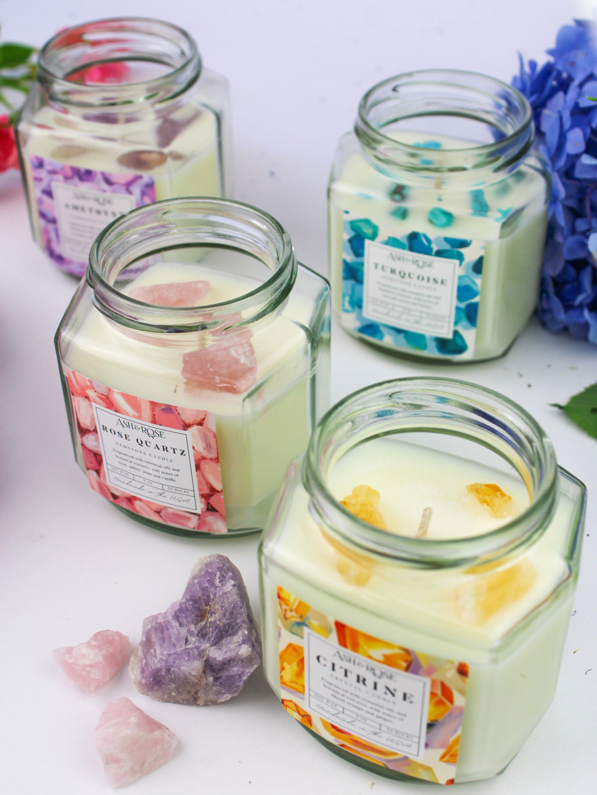 Crystal candle jars with rose quartz, turquoise, amethyst and citrine wax pieces