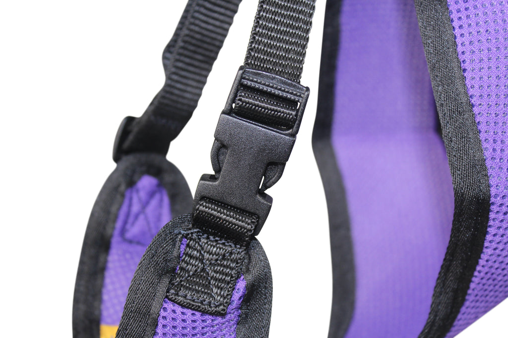 Purple mesh dog harness with black webbing, buckles, and strap adjuster