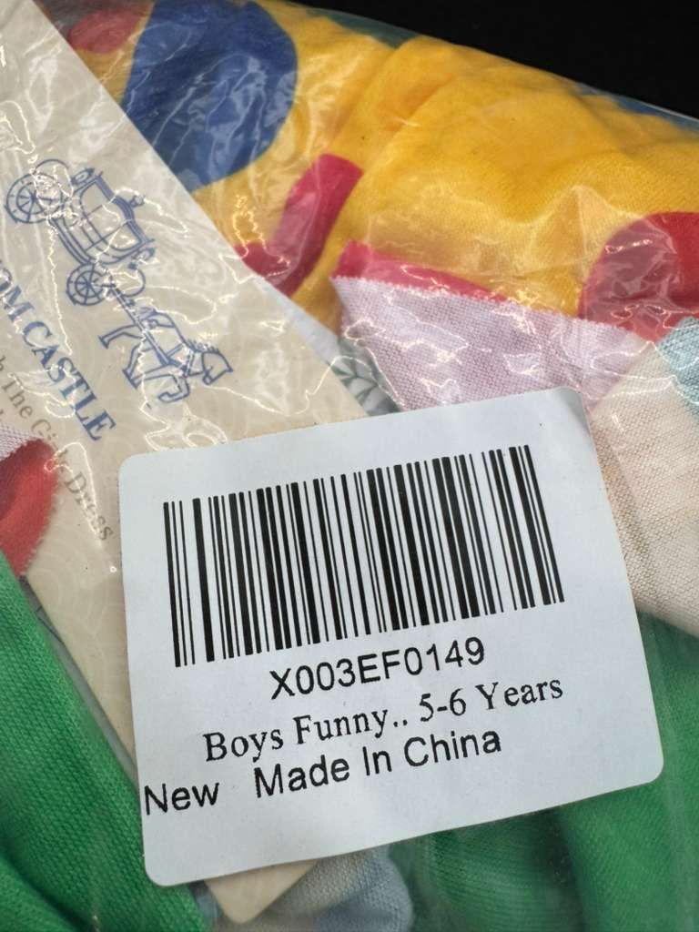 Boys clown costume label on clear bag, 'Made in China' size 5-6 years