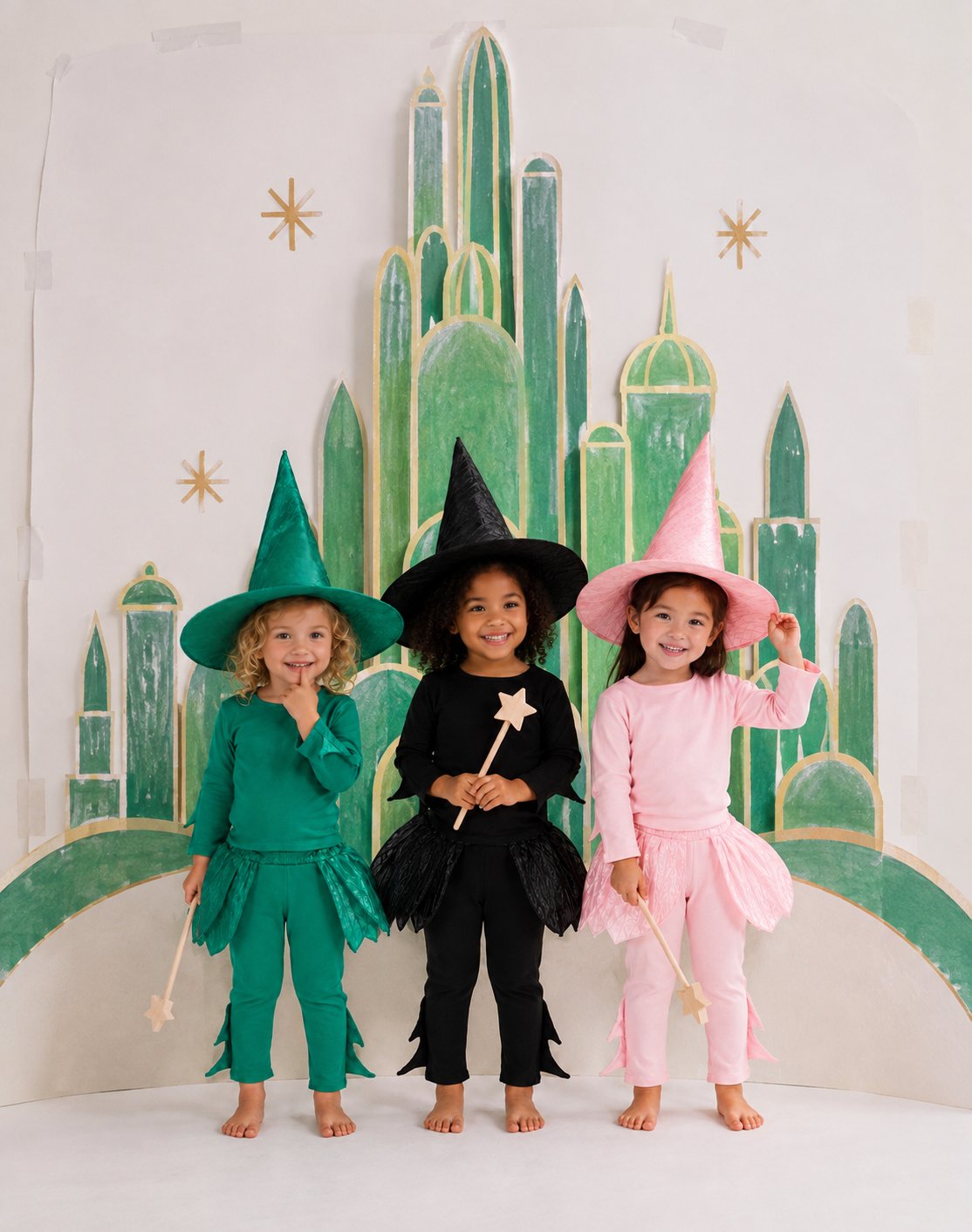 Kids green witch costume with pointed hat, long tunic and leggings, holding a star wand
