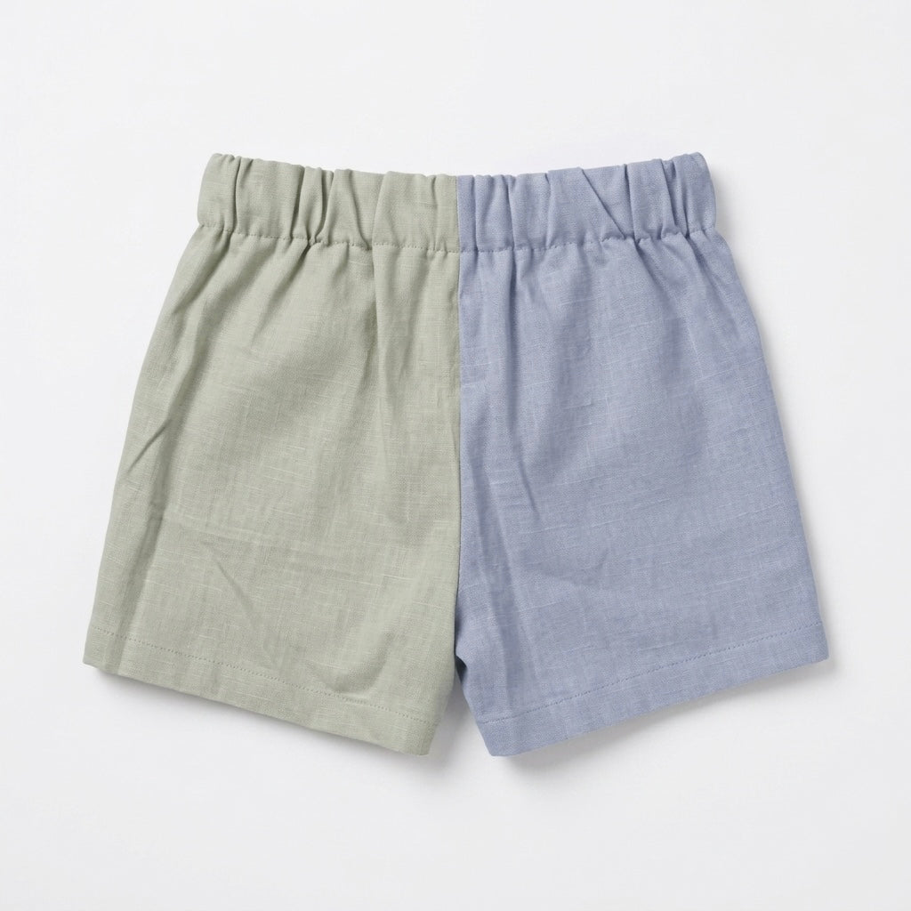 Kids linen blend shorts, sage green and chambray blue with elastic waistband