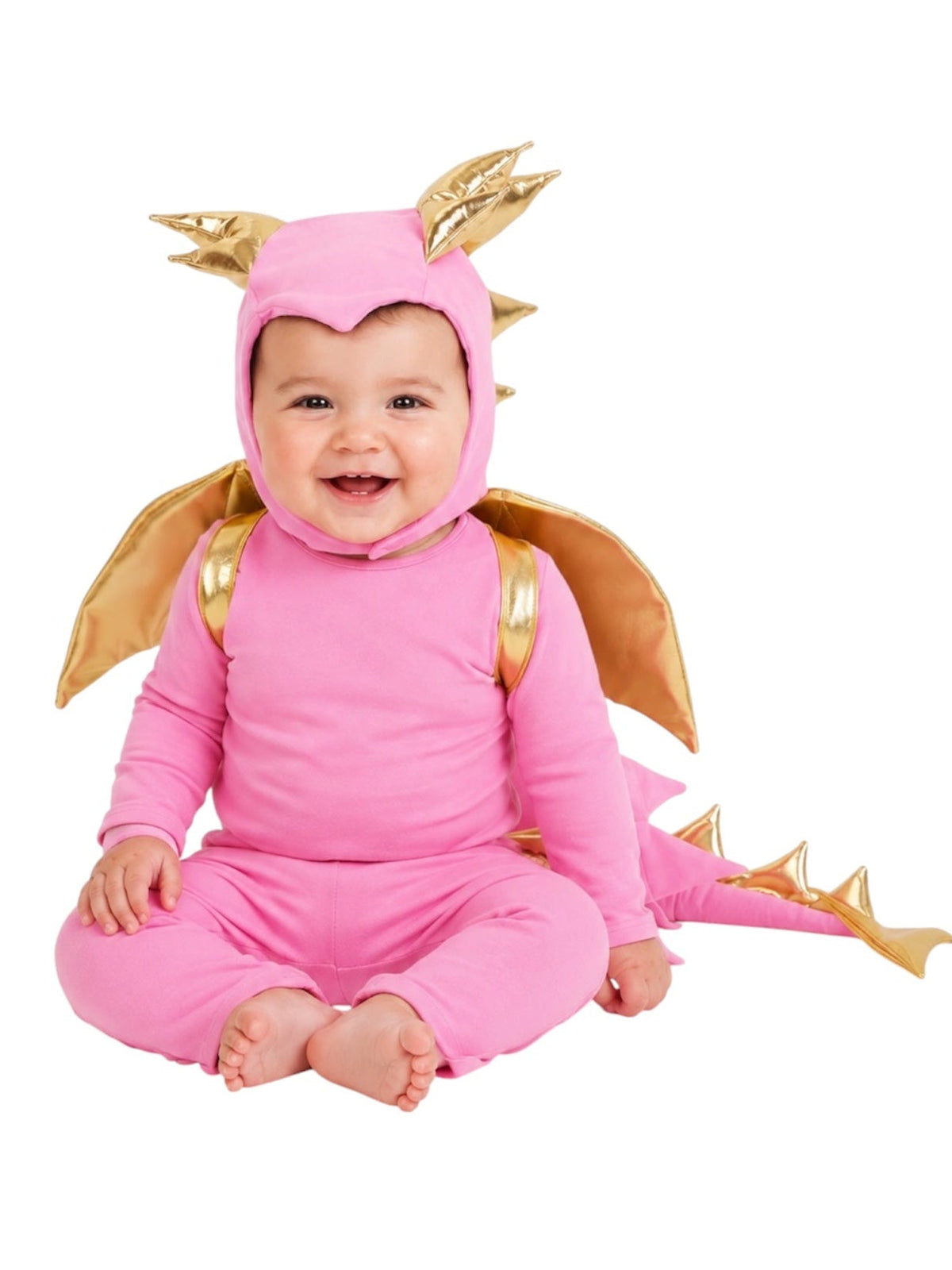 Baby dragon costume in pink with gold hood spikes and attached cape wings
