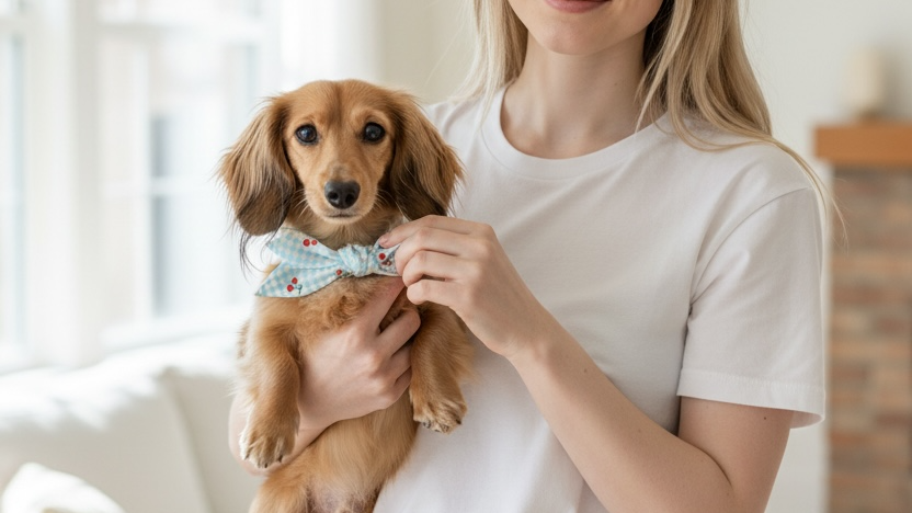 Dog portrait with light blue gingham neckerchief featuring red cherry print