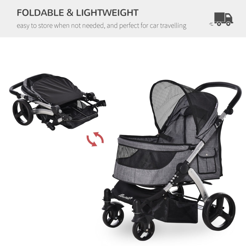 Foldable gray and black pet stroller shown open and compact, with canopy and wheels.