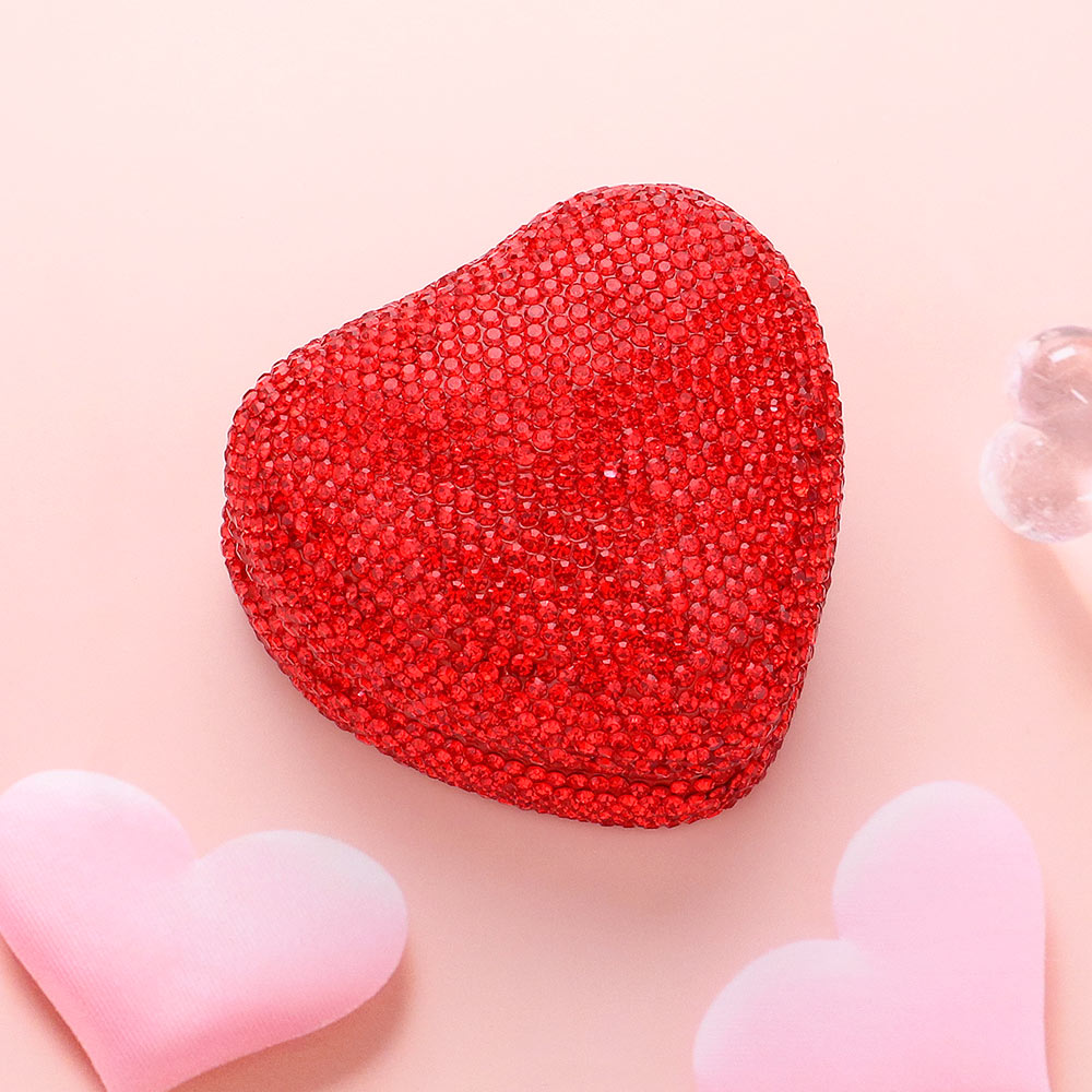 Heart-shaped ring case with red rhinestone finish, closed heart shape with sparkle