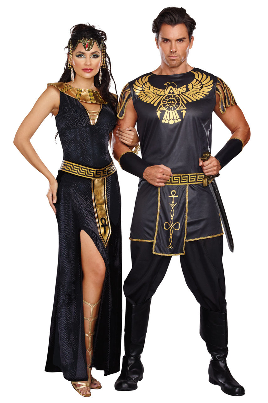 Cleopatra-style costume set: woman's black dress and man's tunic with gold trim