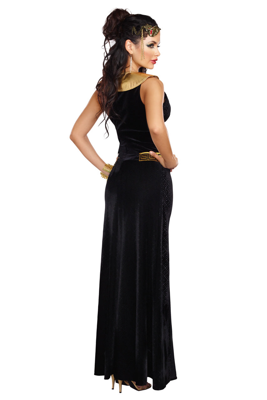 Women's Cleopatra-style black long dress with gold belt trim and side slit